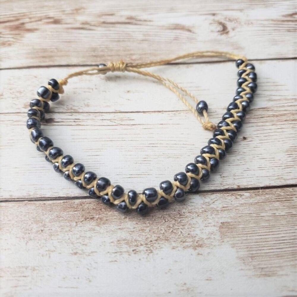 Vintage Bracelet Unusual Corded, Woven In Metallic Blue Beads